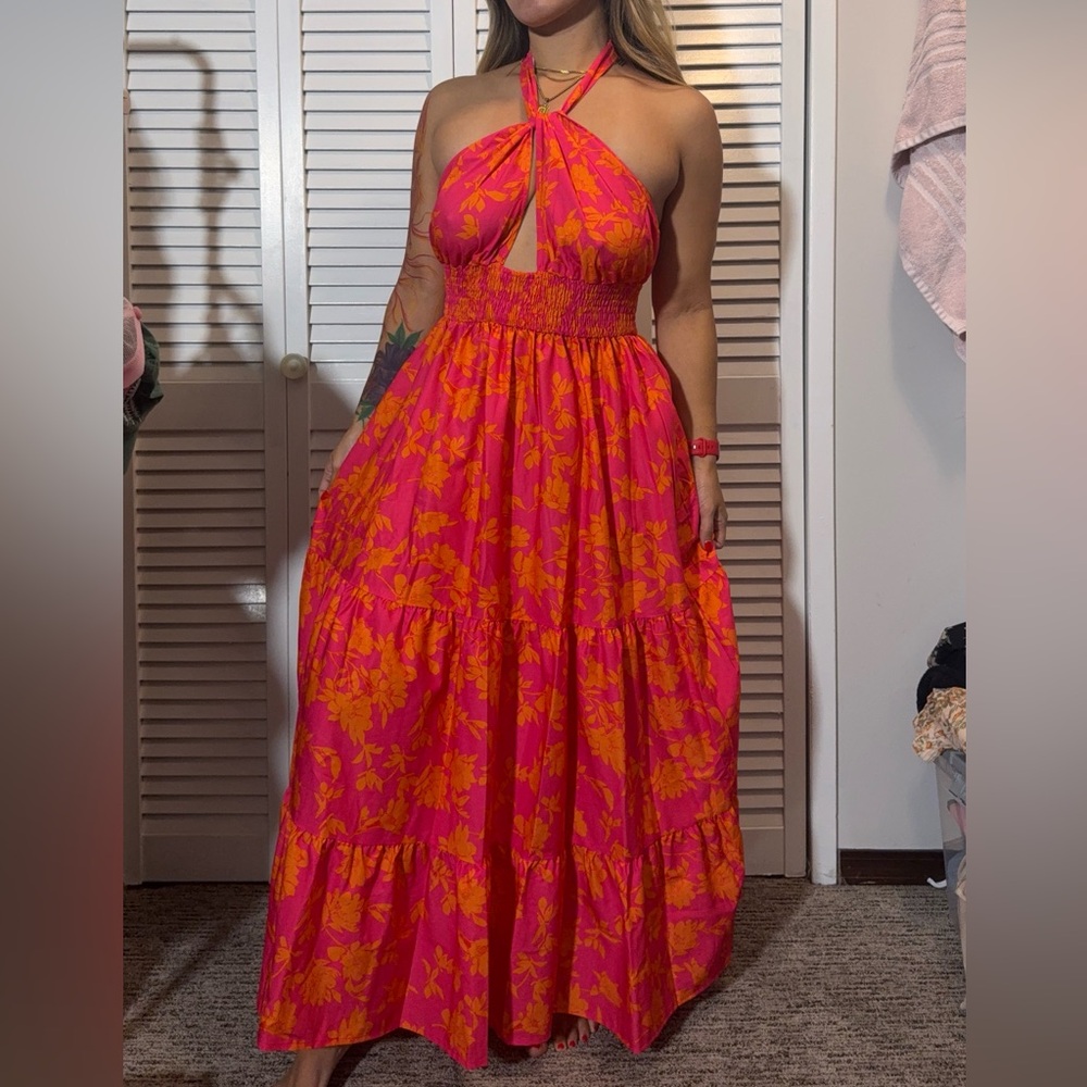 SHEIN Pink and Orange Floral Maxi Halter Neck Tie Dress